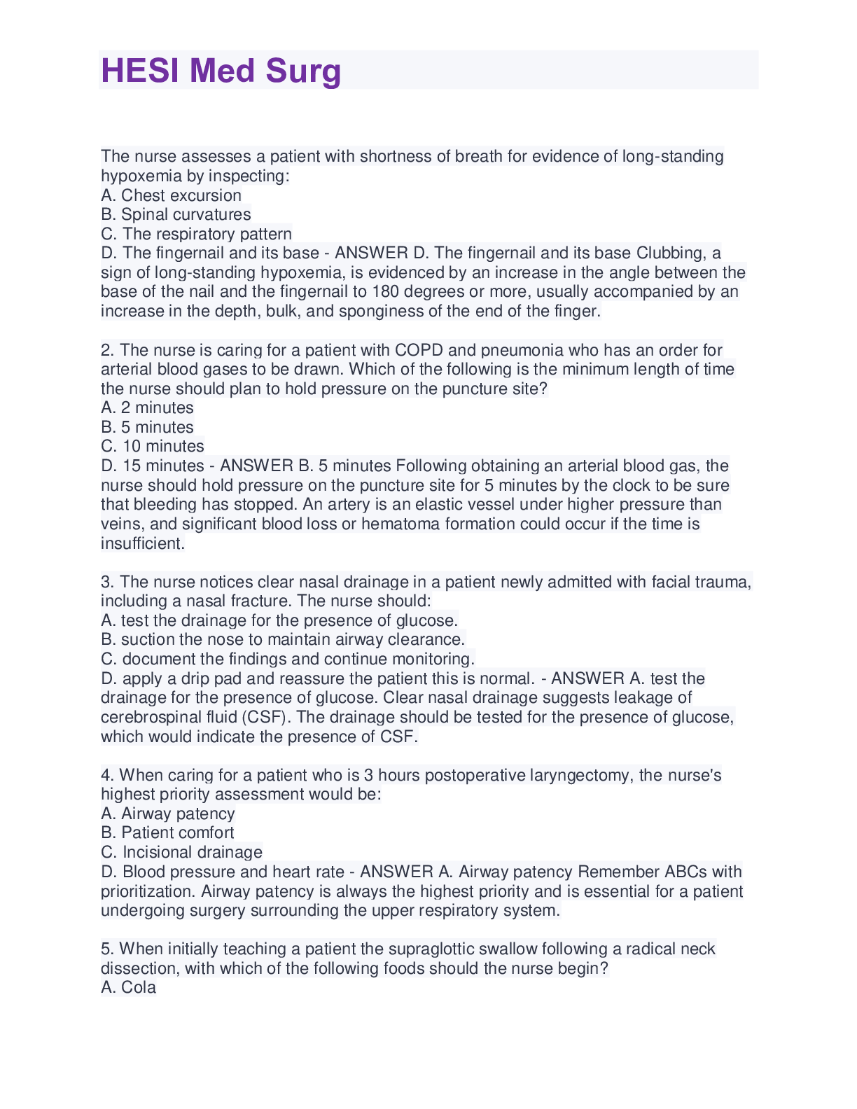 Preview image for HESI Med Surg Questions and Answers 100% Correct